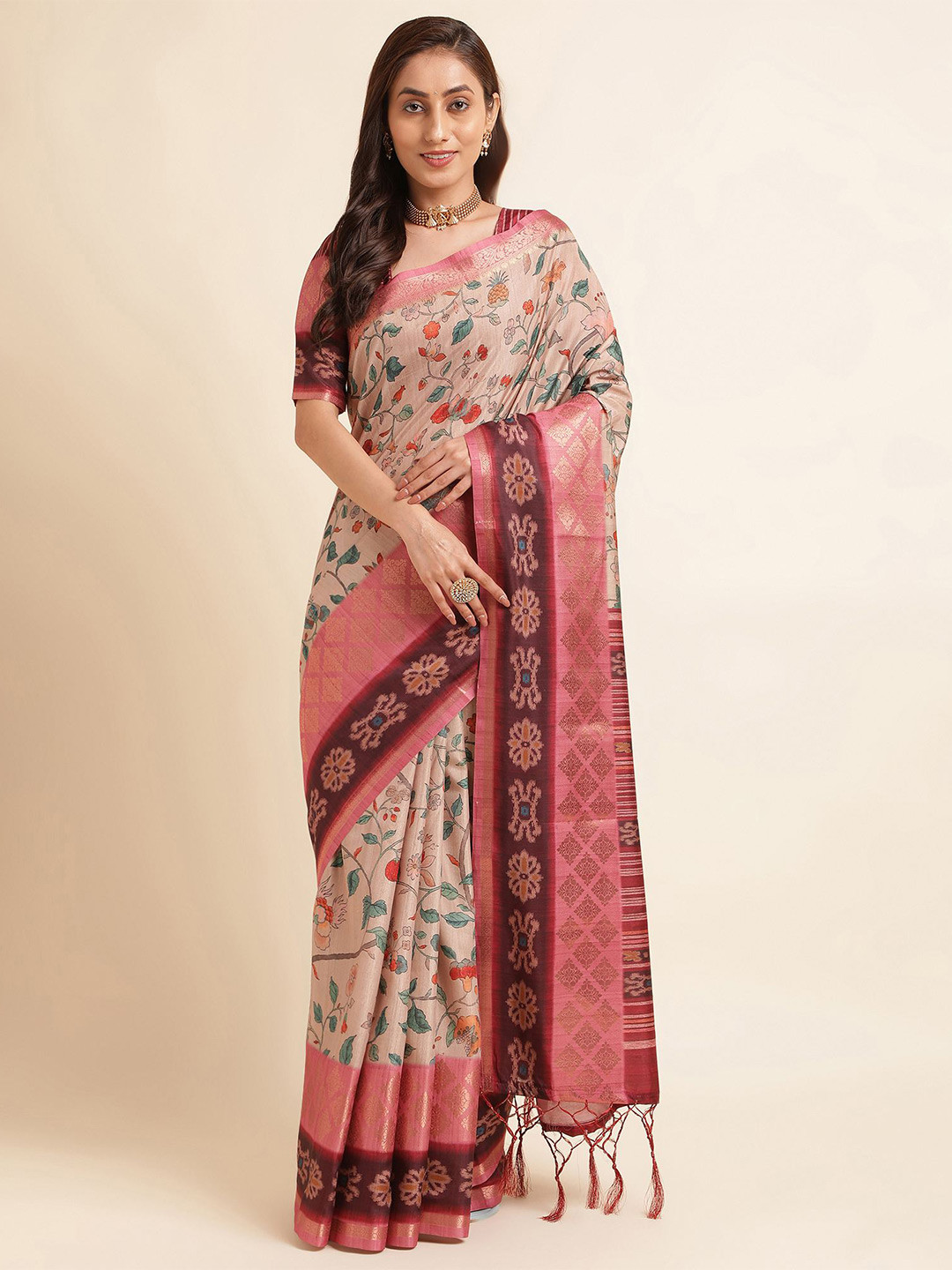 

Mitera Pink Floral Printed Pure Silk Saree
