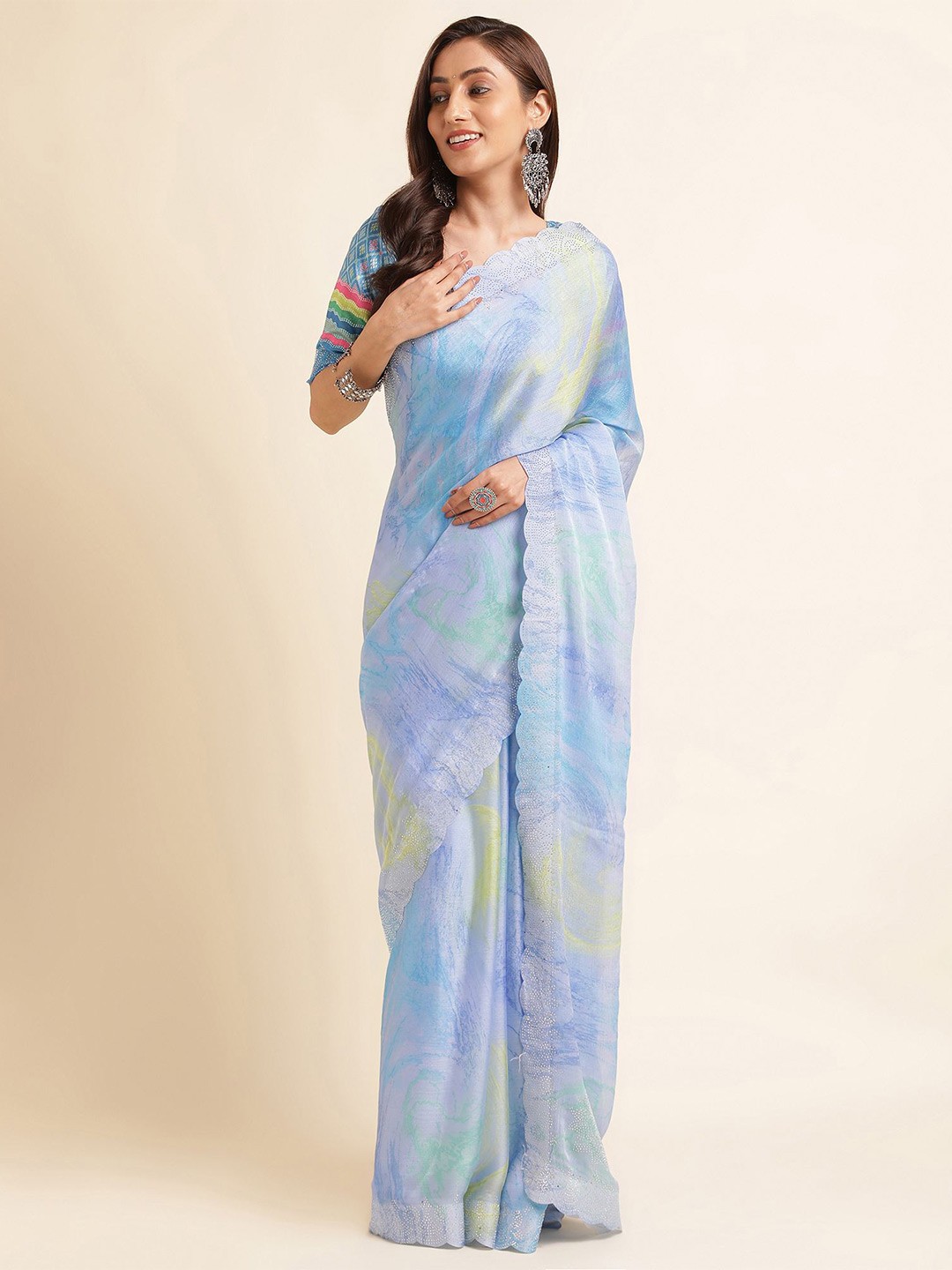 

Mitera Blue & Yellow Abstract Printed Beads & Stones Pure Chiffon Saree