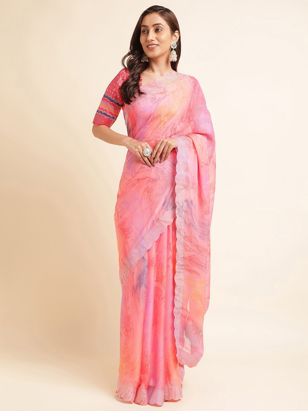 

Mitera Printed Pure Chiffon Saree, Pink