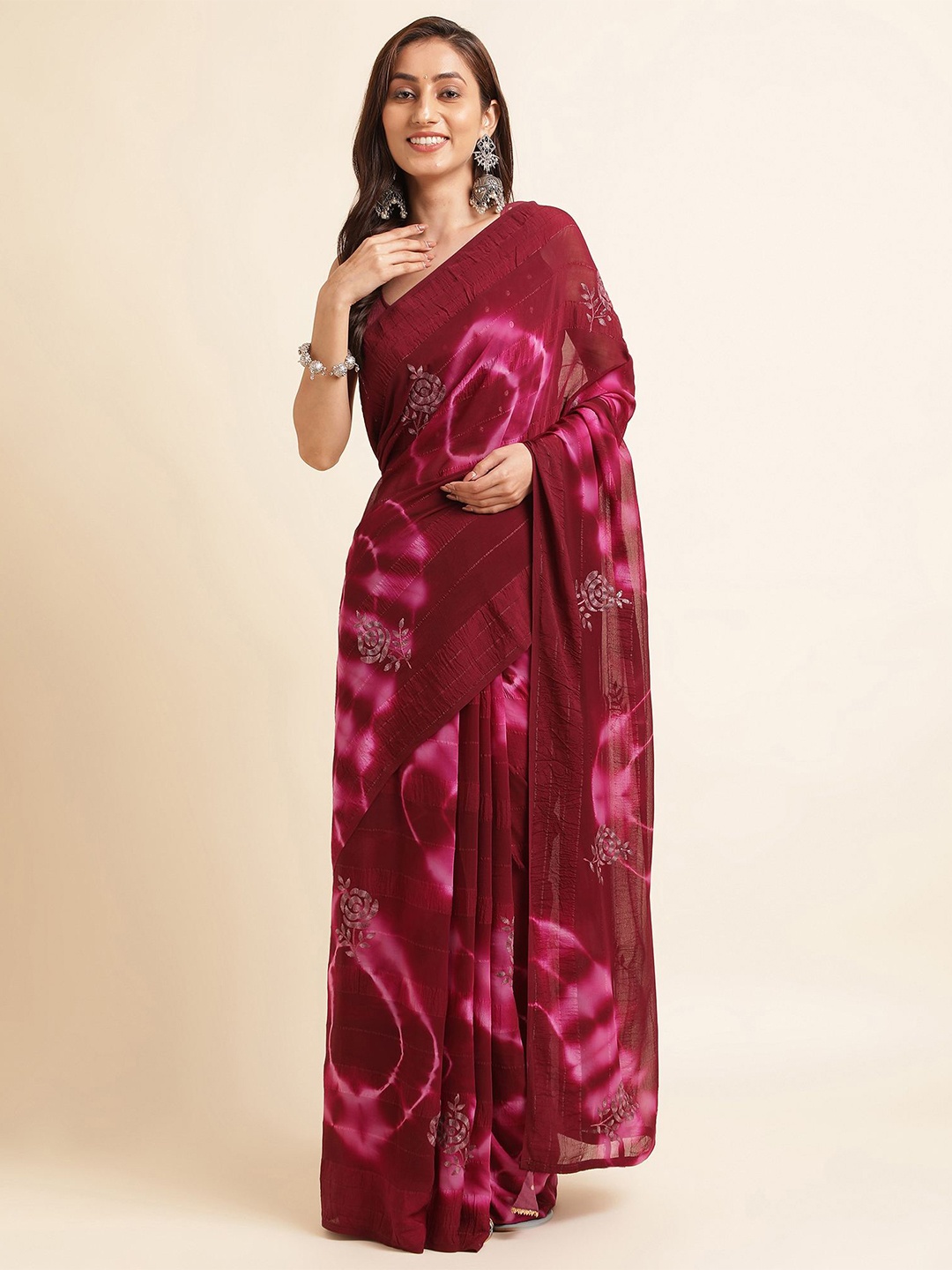 

Mitera Pink & Maroon Floral Printed Pure Georgette Saree