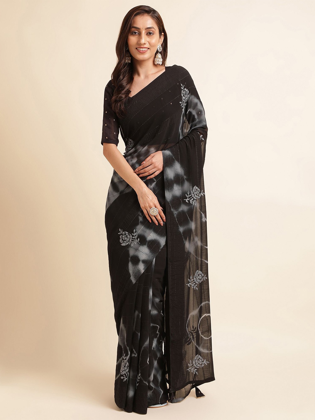 

Mitera Floral Printed Pure Georgette Saree, Black