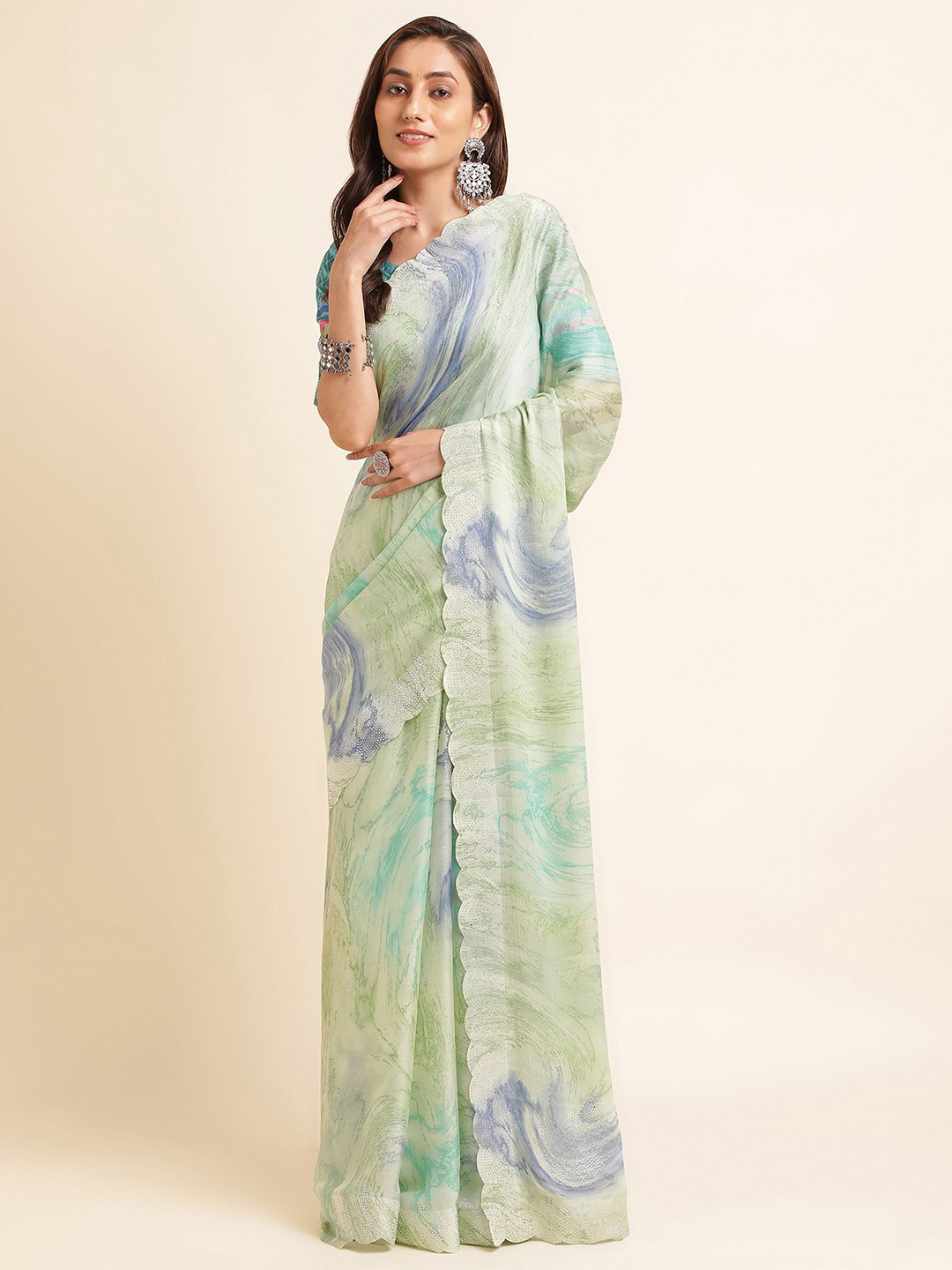 Mitera Green Printed Beads And Stones Pure Chiffon Saree