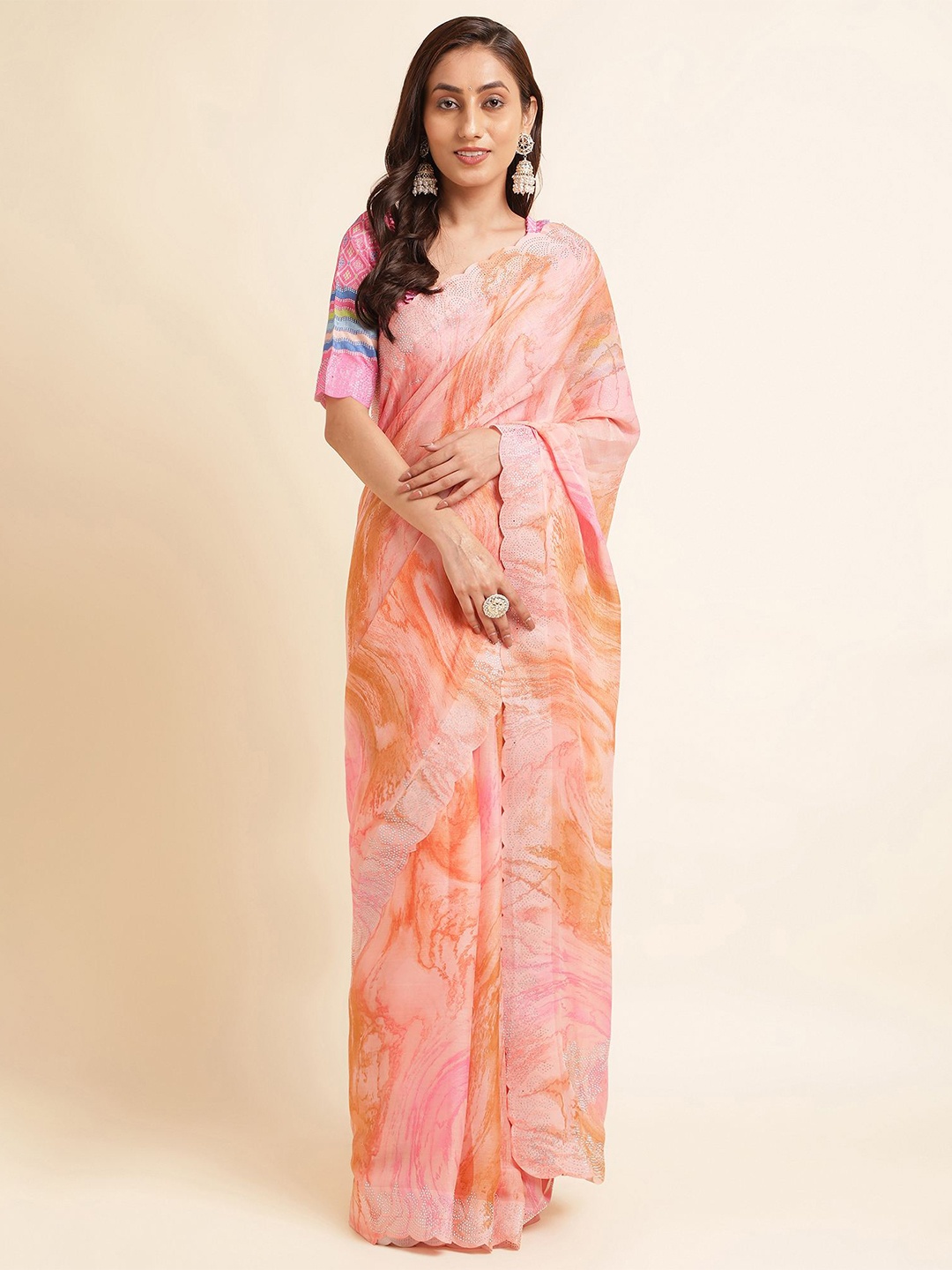 

Mitera Peach-Coloured Abstract Printed Beads and Stones Pure Chiffon Saree