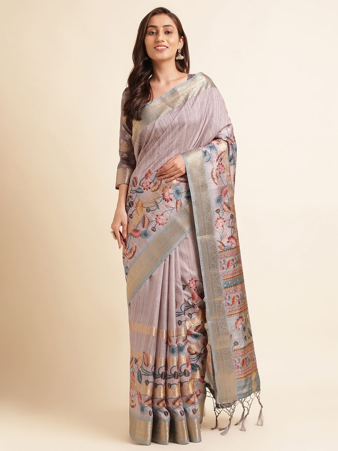 

Mitera Grey Floral Printed Pure Silk Saree