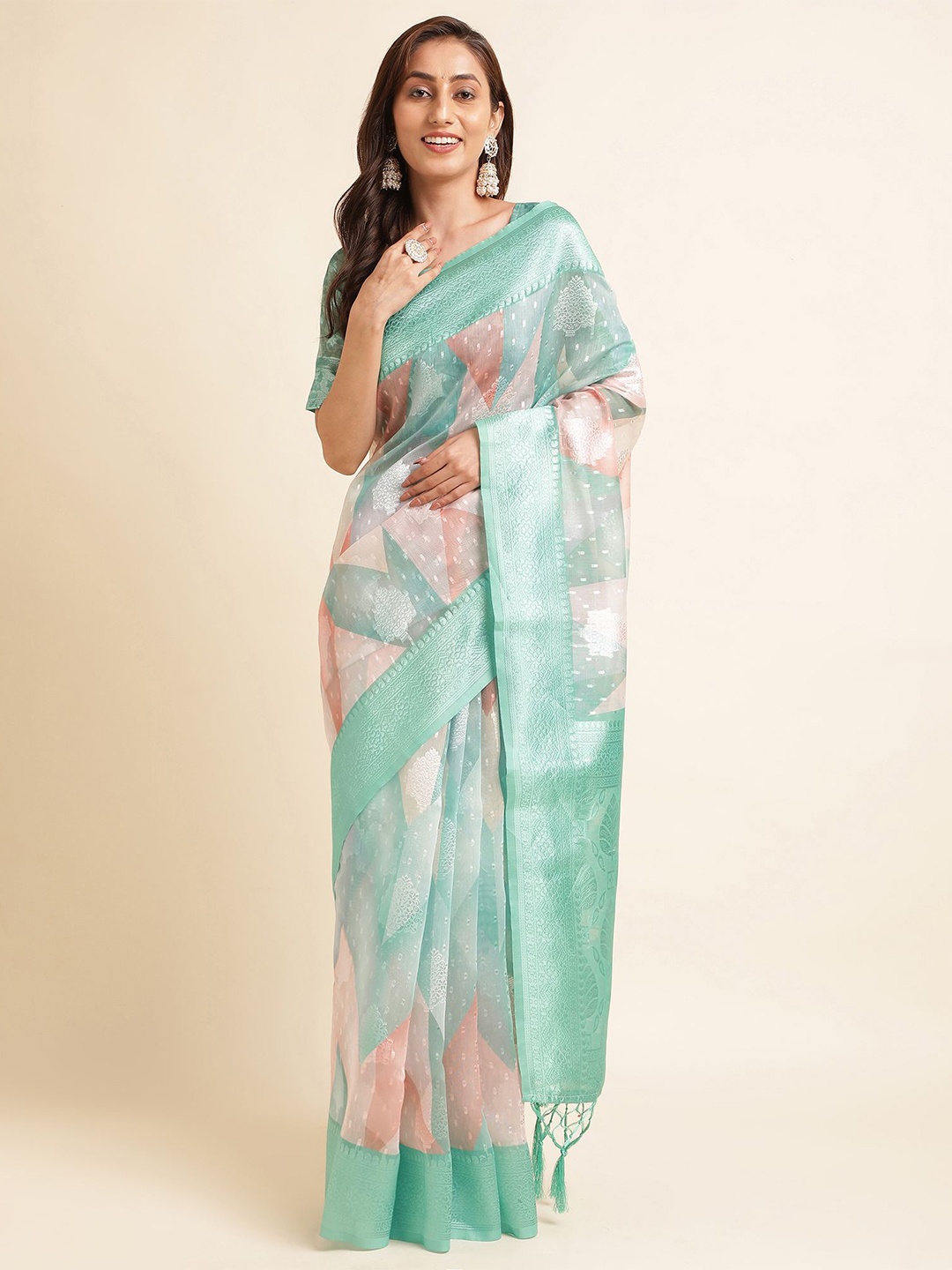 

Mitera Green & Coral Abstract Woven Design Zari Silk Cotton Saree