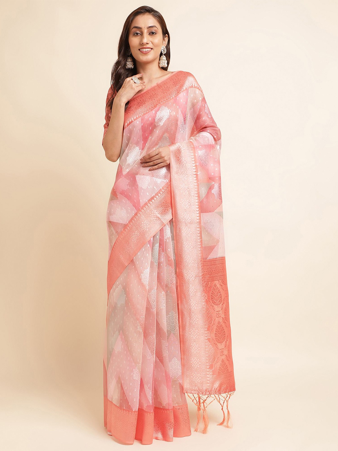 

Mitera Peach Geometric Woven Design Zari Silk Cotton Saree