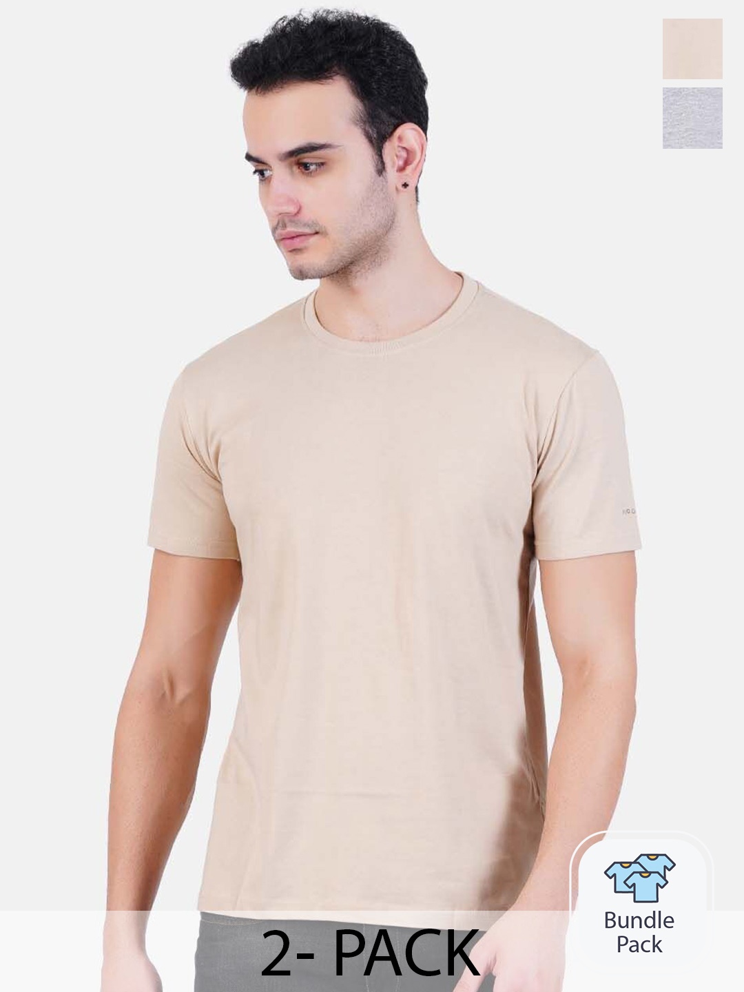 AIR GARB Pack Of 2 Pure Cotton Round Neck Bio Finish T-shirt, Beige