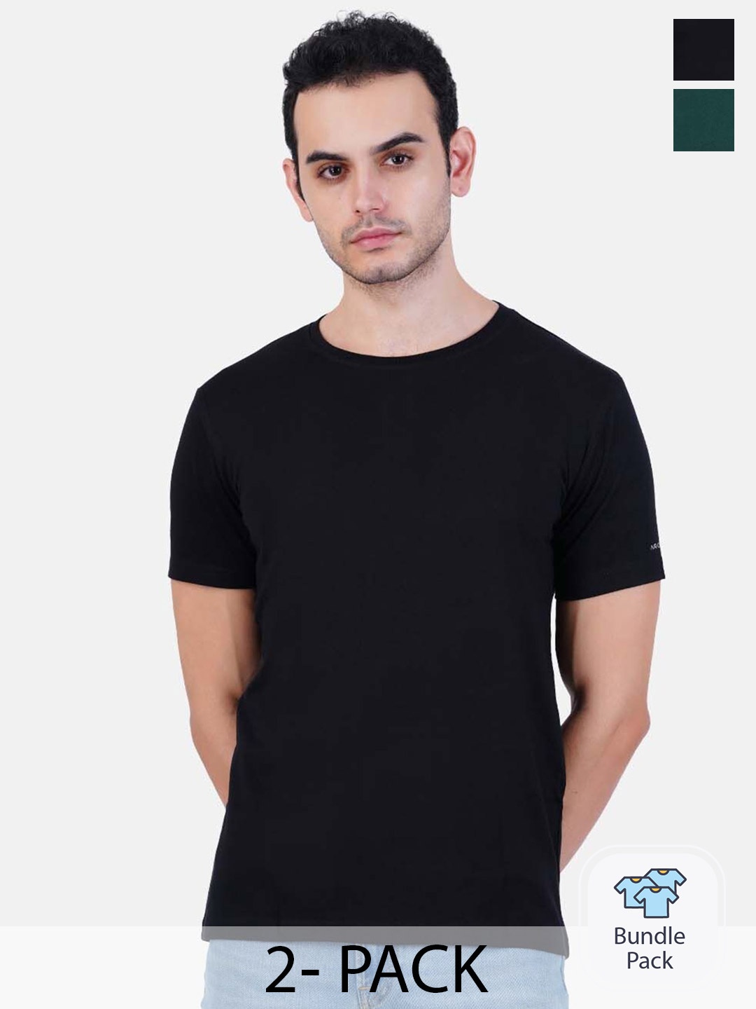 

AIR GARB Pack Of 2 Pure Cotton Round Neck Bio Finish T-shirt, Black