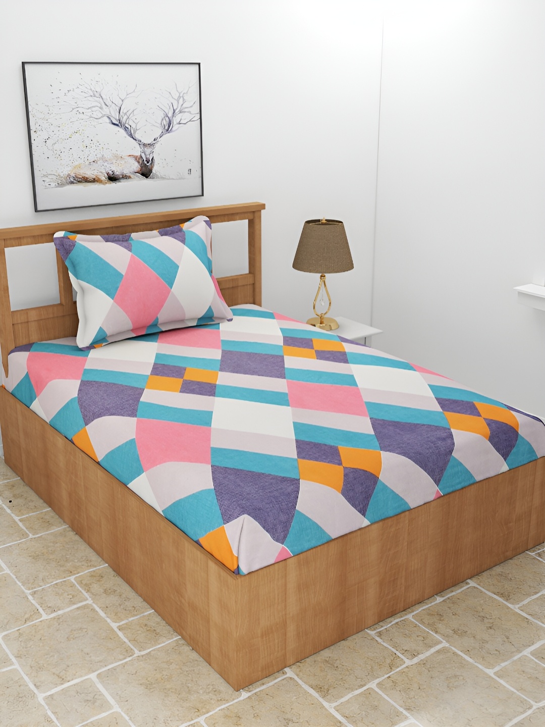 

BREVARD White & Pink Geometric 210 TC Single Bedsheet with 1 Pillow Cover