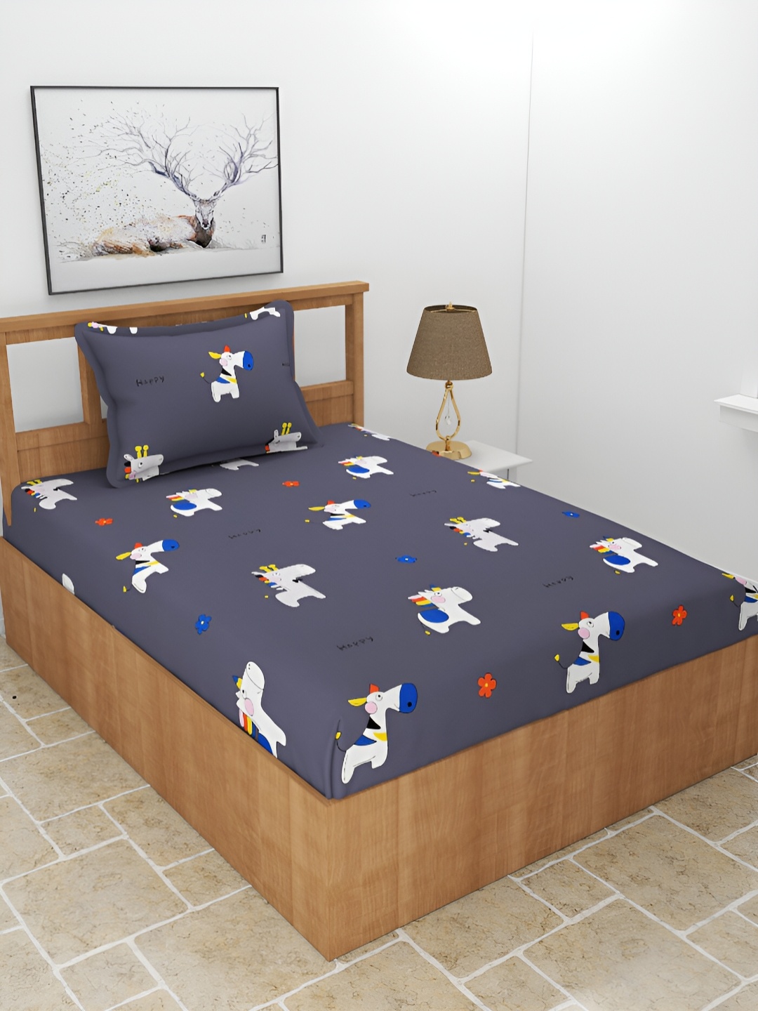 

BREVARD Grey & White Floral 180 TC Single Bedsheet with 1 Pillow Covers