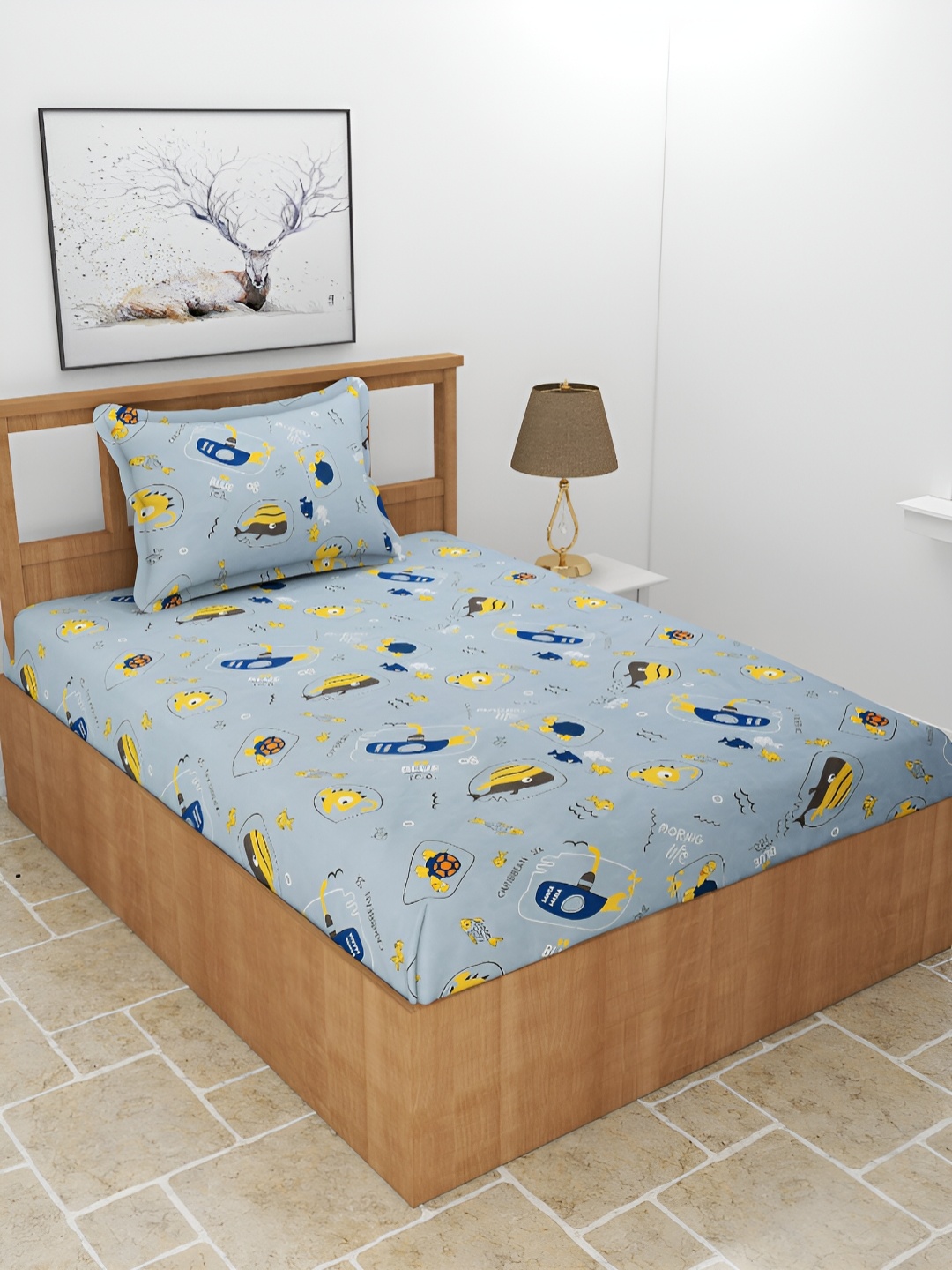 

BREVARD Blue & Yellow Graphic Printed 210 TC Single Bedsheet With 1 Pillow Cover