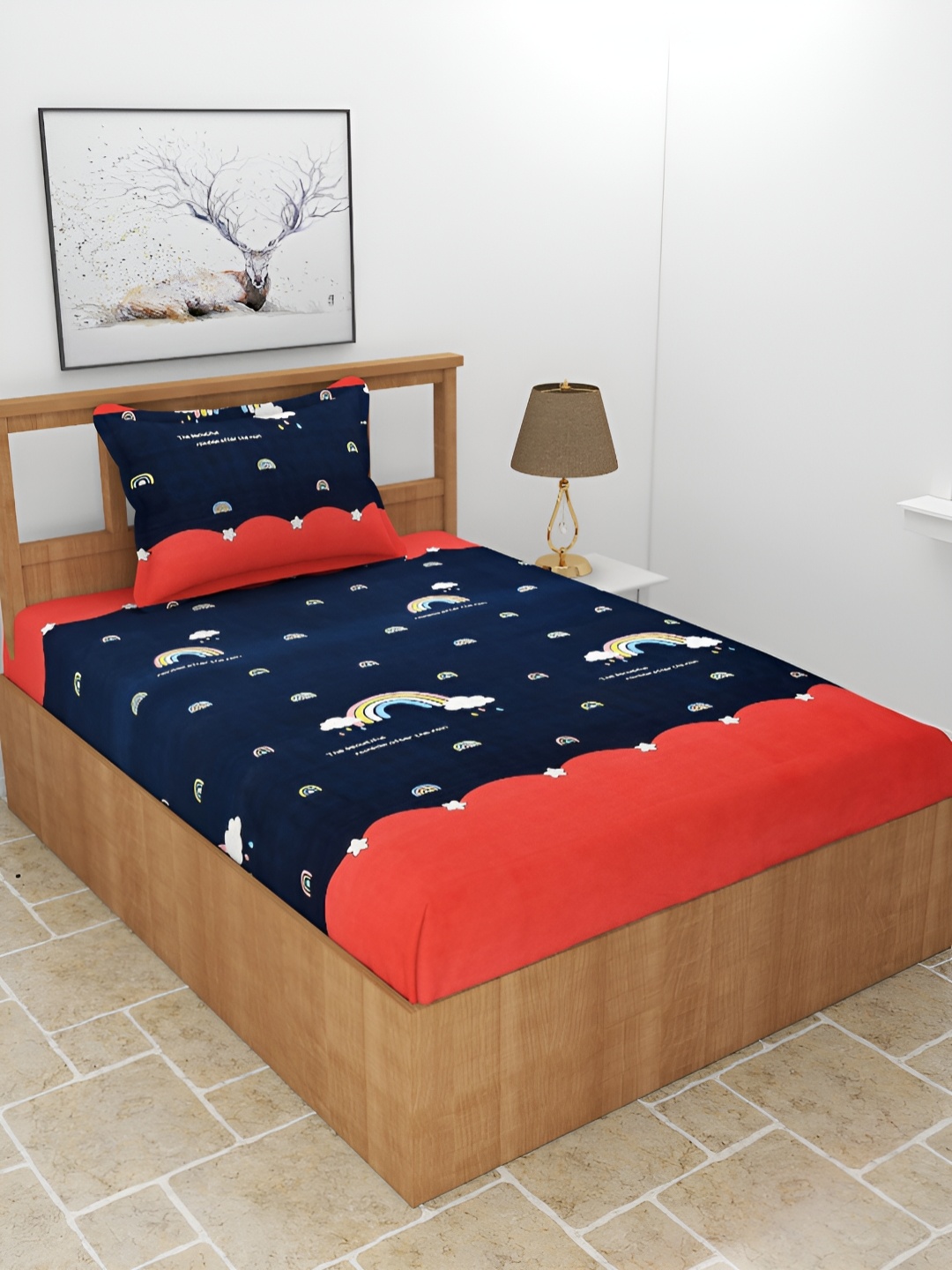 

BREVARD Blue Red Conversational 210 TC Single Bedsheet With 1 Pillow Cover