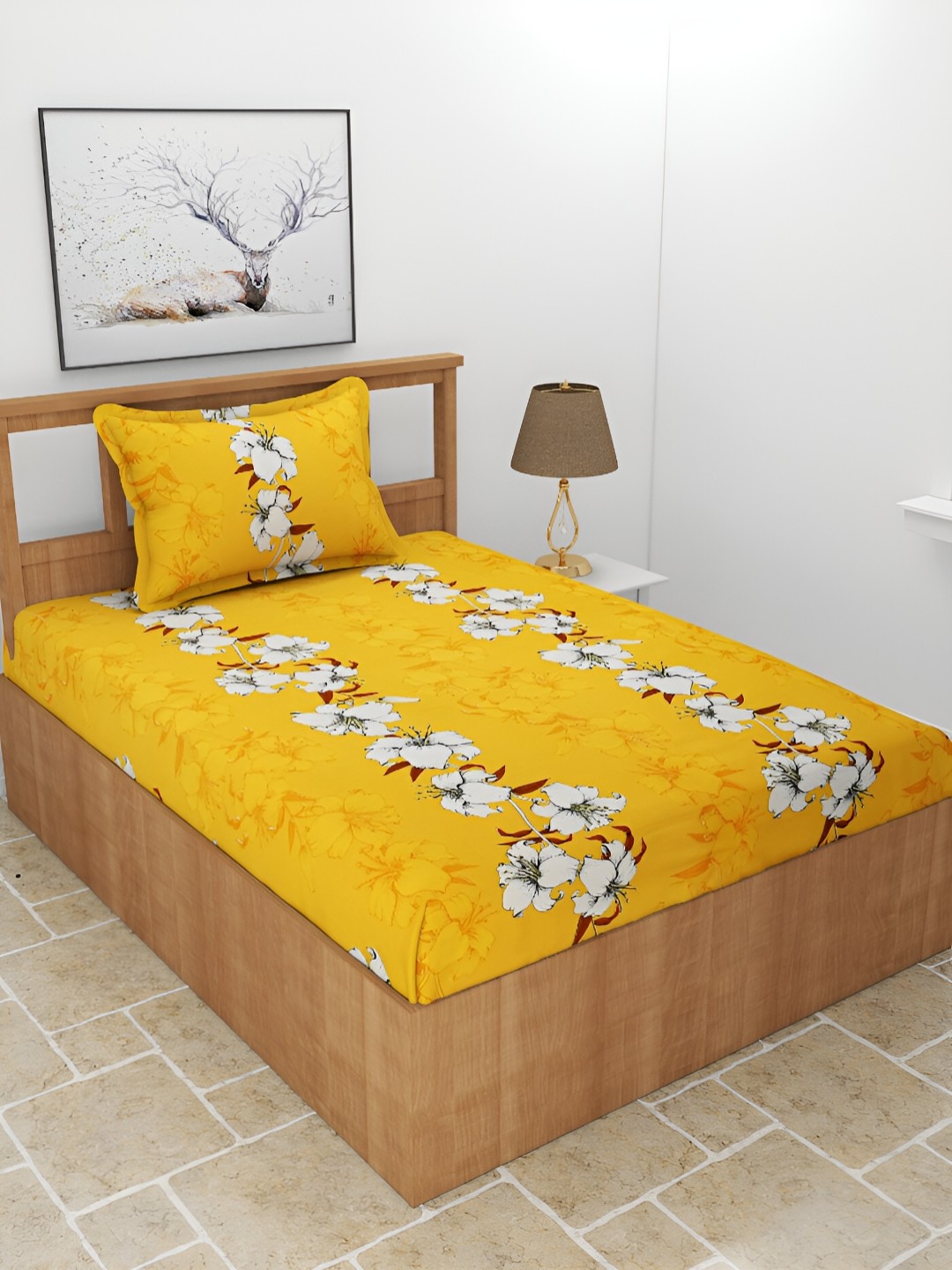 

BREVARD Mustard Yellow Floral 210 TC Single Bedsheet with 1 Pillow Cover