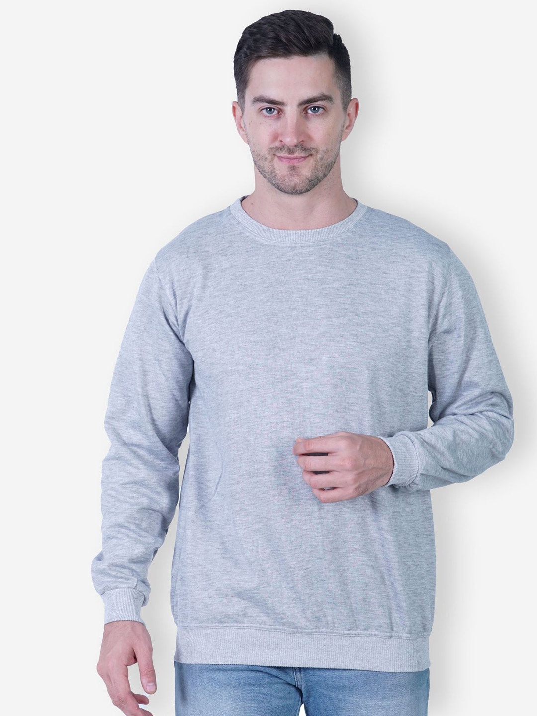 

TEEMOODS Round Neck Long Sleeves Fleece Pullover, Grey melange