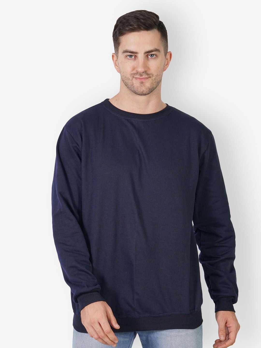 TEEMOODS Round Neck Long Sleeves Fleece Pullover, Navy blue
