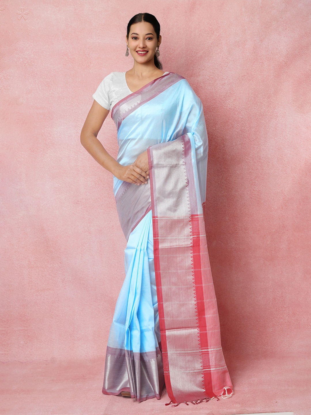 

Unnati Silks Zari Pure Silk Handloom Mangalgiri Saree, Blue