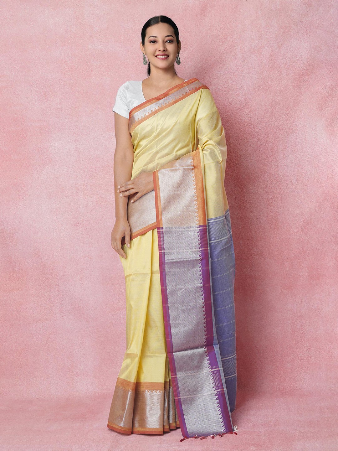 

Unnati Silks Zari Detailed Pure Silk Handloom Mangalagiri Saree, Yellow