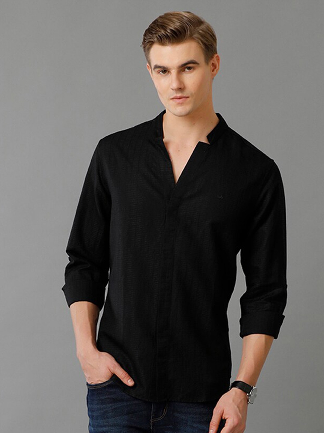 

Aldeno Comfort Mandarin Collar Linen Casual Shirt, Black