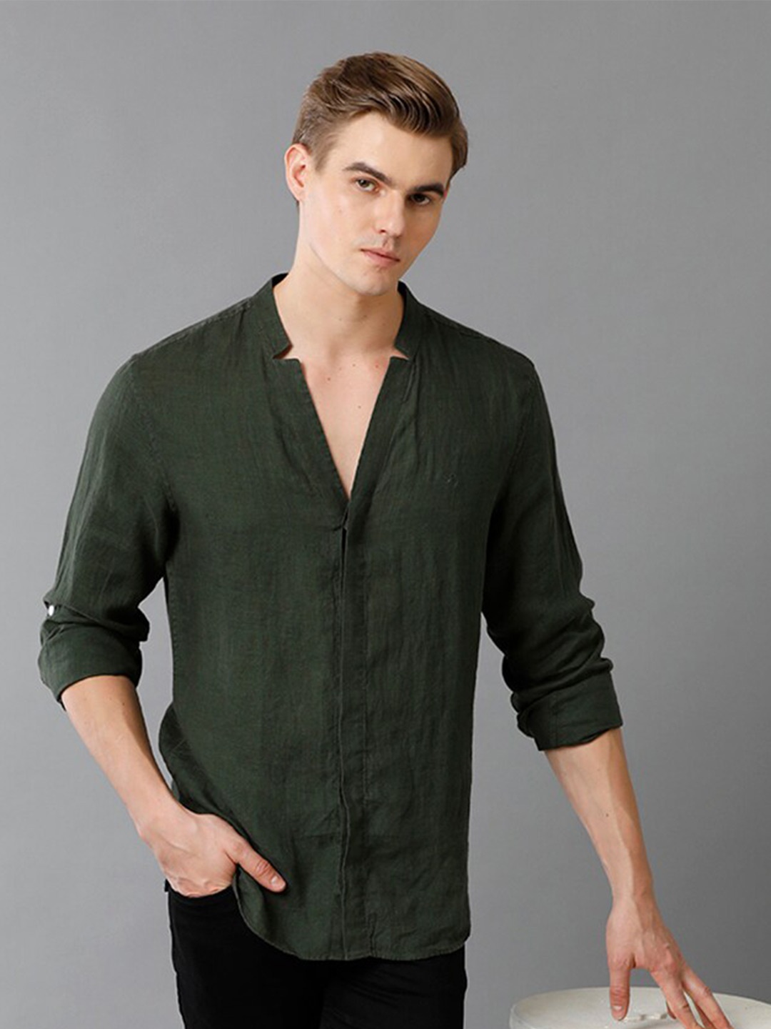 

Aldeno Comfort Mandarin Collar Long Sleeves Linen Casual Shirt, Green