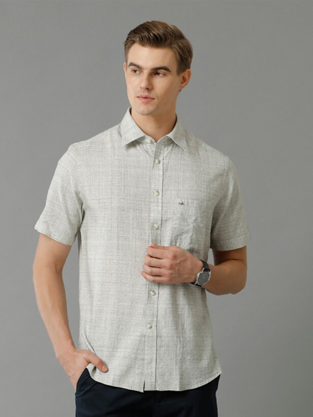 

Aldeno Comfort Spread Collar Short Sleeves Cotton Linen Stretch Casual Shirt, Grey