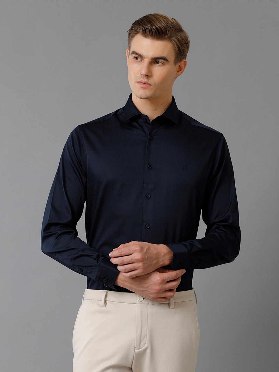 

Aldeno Comfort Spread Collar Long Sleeves Satin Formal Shirt, Navy blue