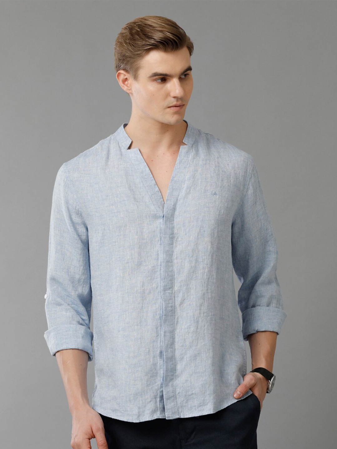 

Aldeno Mandarin Collar Comfort Regular Fit Linen Casual Shirt, Blue