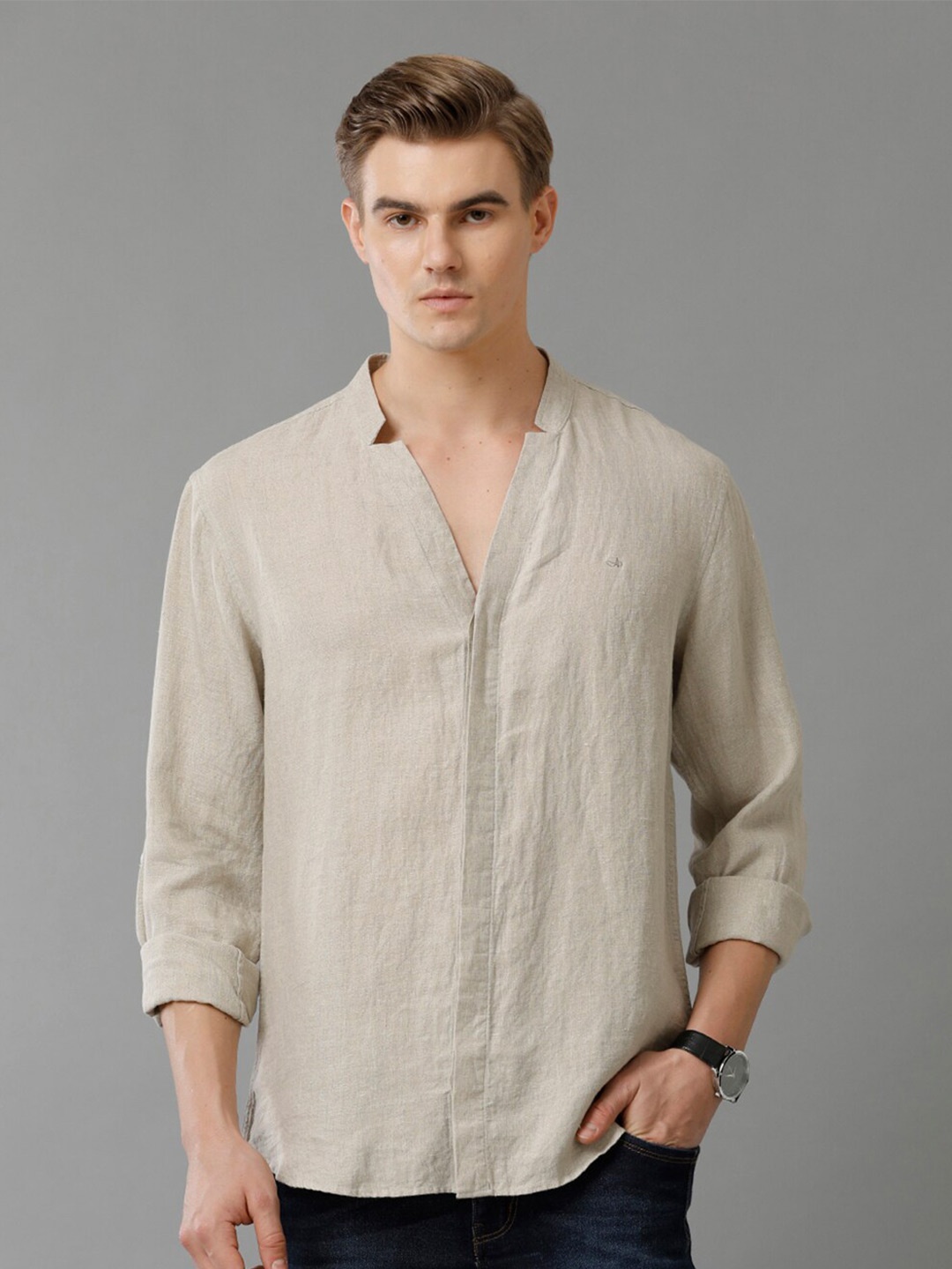 

Aldeno Comfort Mandarin Collar Long Sleeves Linen Casual Shirt, Beige