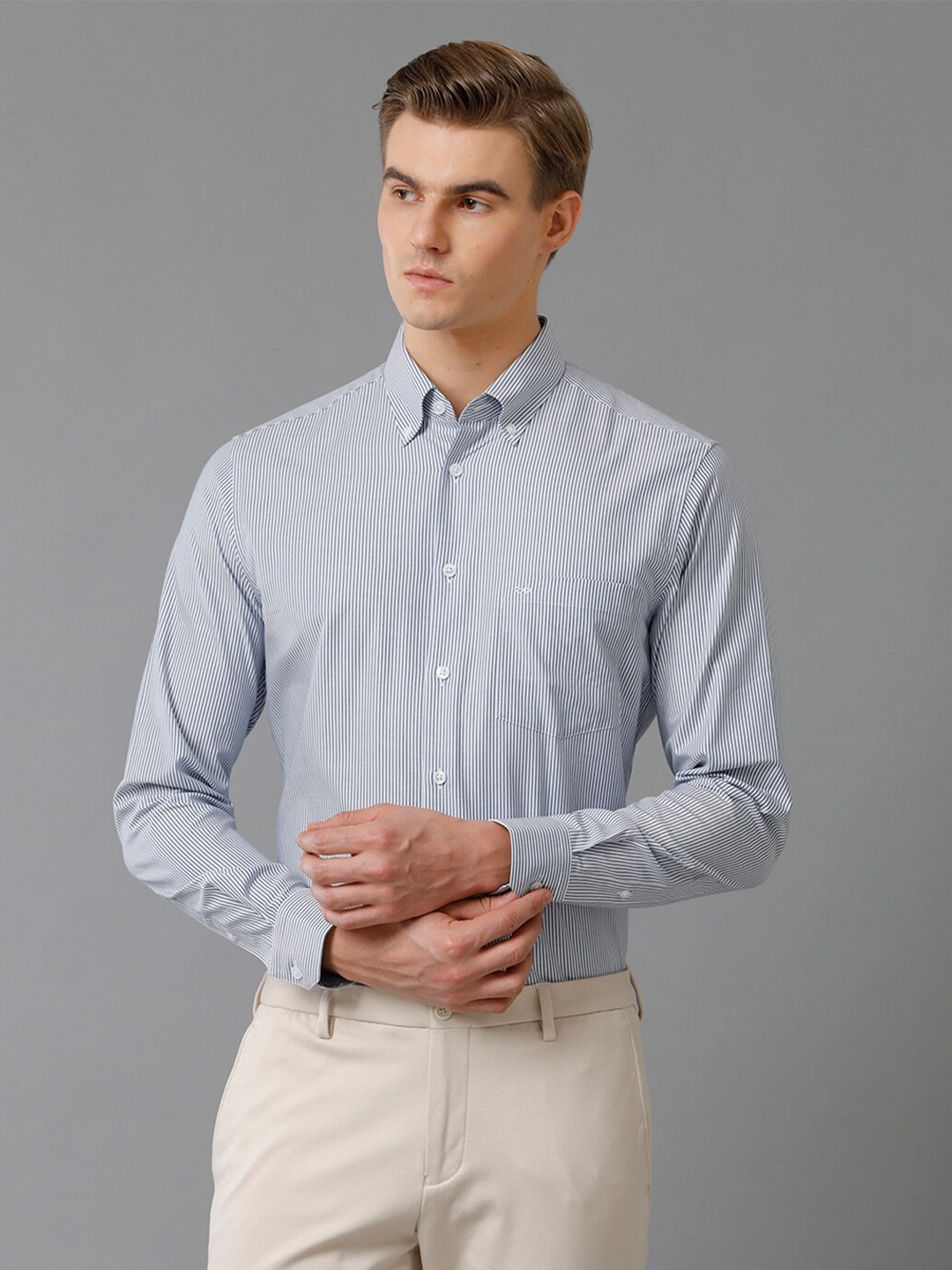 

Aldeno India Slim Fit Pinstriped Button-Down Collar Formal Shirt, Blue