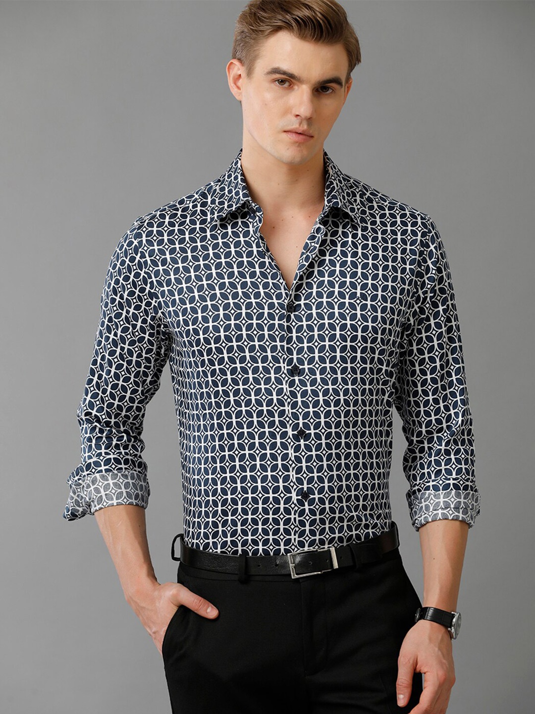 

Aldeno India Slim Slim Fit Geometric Printed Cotton Casual Shirt, Blue