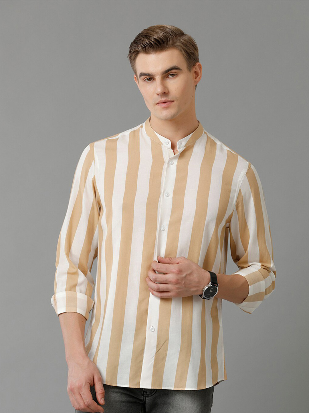 

Aldeno Striped Mandarin Collar Cotton Modal Casual Shirt, Beige
