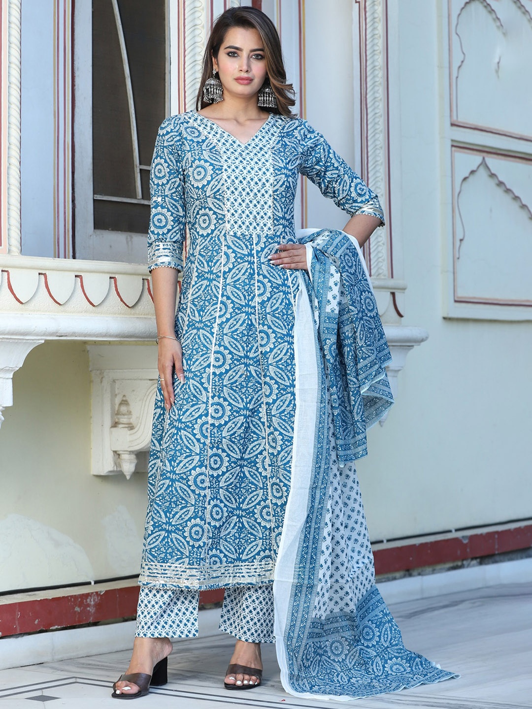SINGNI Ethnic Motifs Printed Mirror Work Regular Pure Cotton Kurta With Trousers & Dupatta, Blue