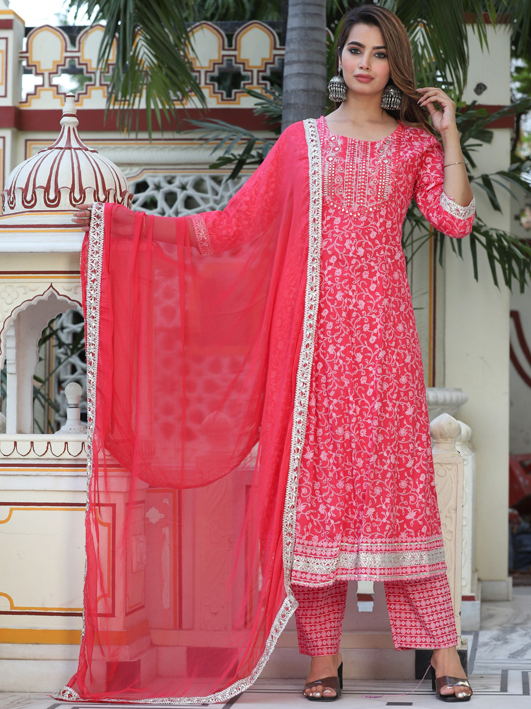 

SINGNI Ethnic Motifs Printed Mirror Work Regular Kurta With Trousers & Dupatta, Pink