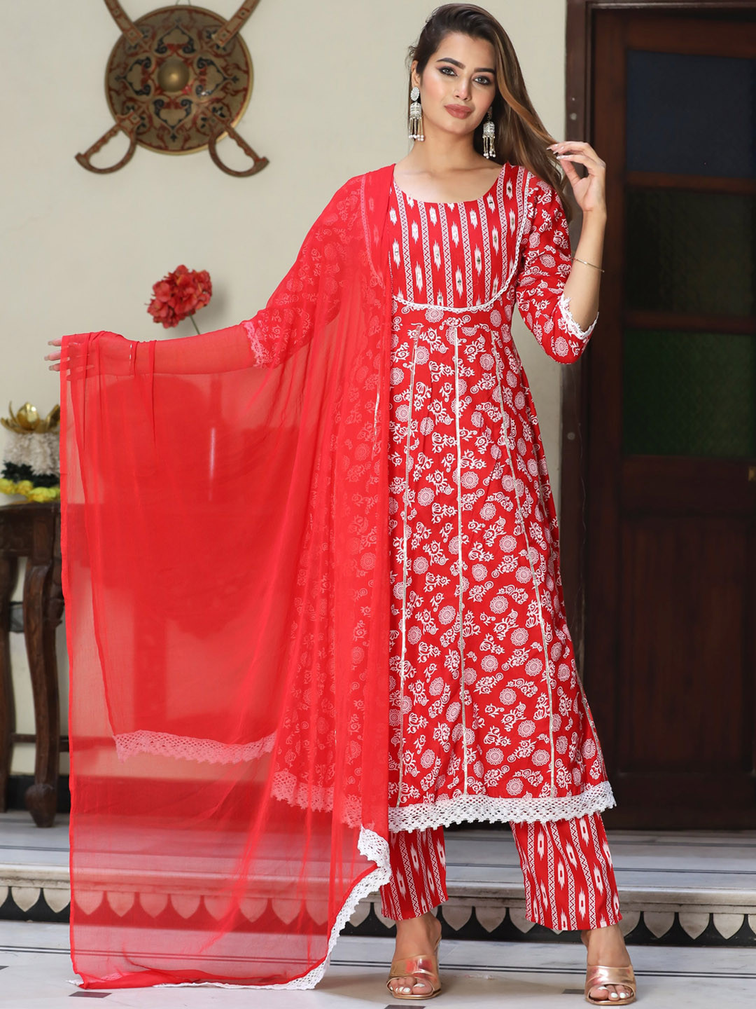 

SINGNI Ethnic Motifs Printed Mirror Work Regular Kurta With Trousers & Dupatta, Red