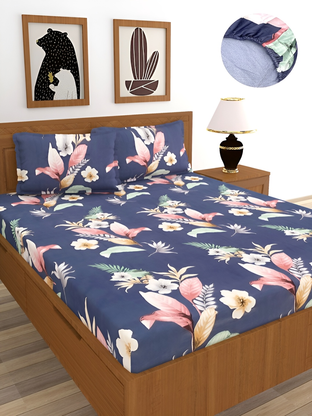 

BREVARD Navy Blue & Pink Floral Printed 210 TC Fitted King Bedsheet With 2 Pillow Covers