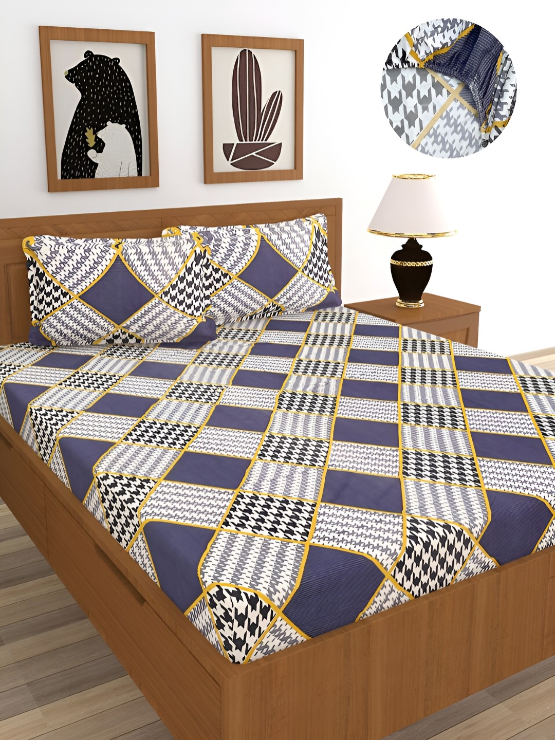

BREVARD Navy Blue & White Printed 210 TC Fitted King Bedsheet With 2 Pillow Covers
