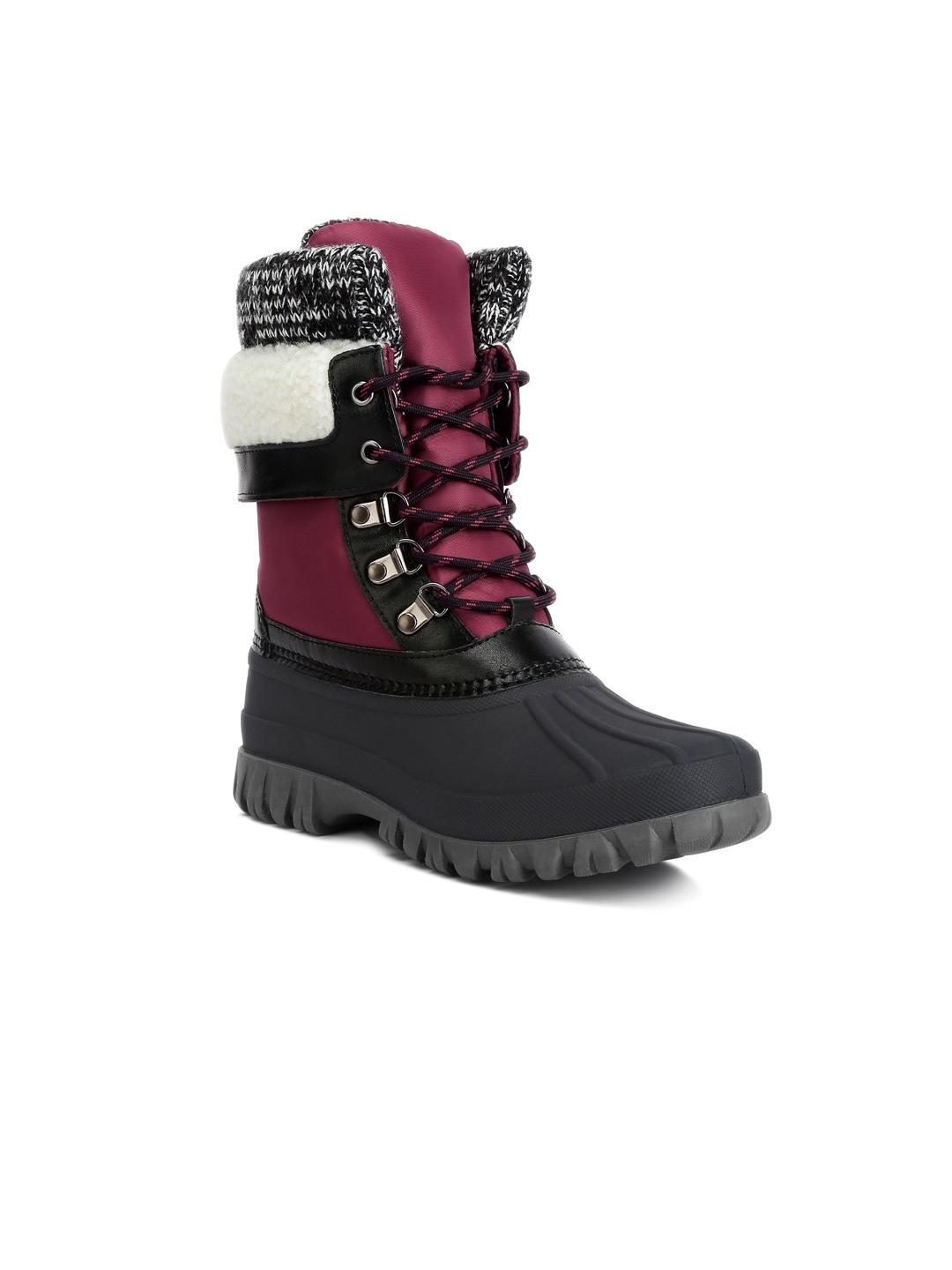 

London Rag Women Delphine Colourblocked Knitted Collar Mid-Top Regular Boots, Red