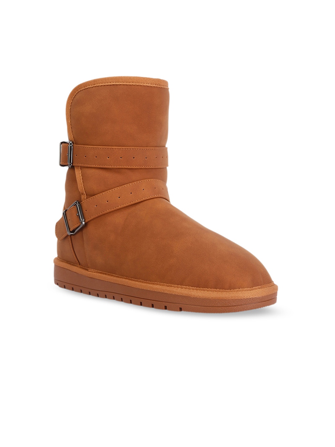 

London Rag Women Basil Buckle Strap Detail Mid-Top Winter Boots, Tan