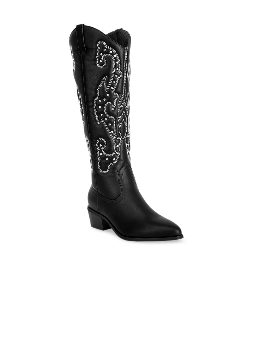 

London Rag Women Reyes Embroidered Studded Heeled High-Top Cowboy Boots, Black