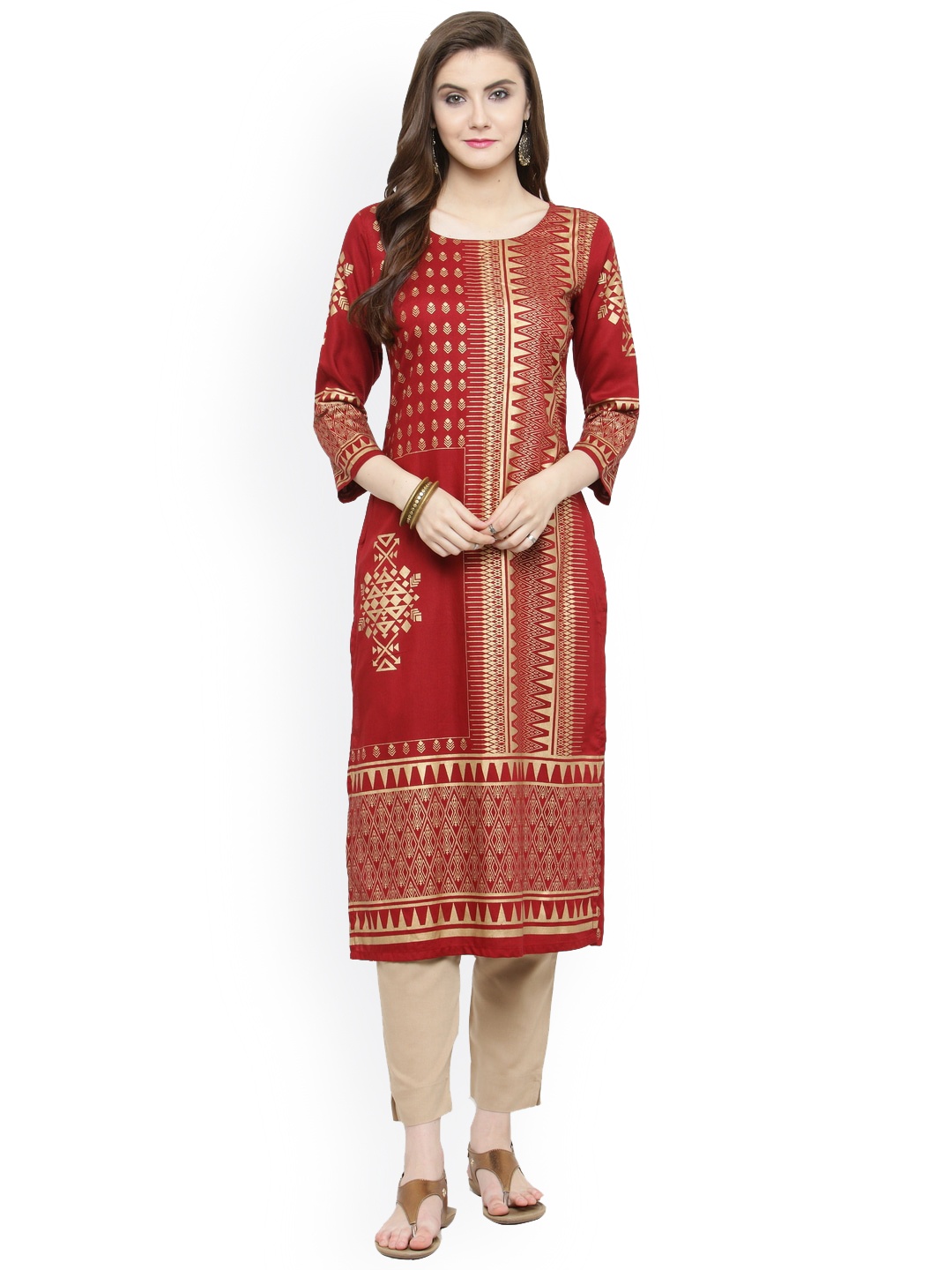 

KALINI Ethnic Motifs Foil Printed Round Neck Kurta, Maroon