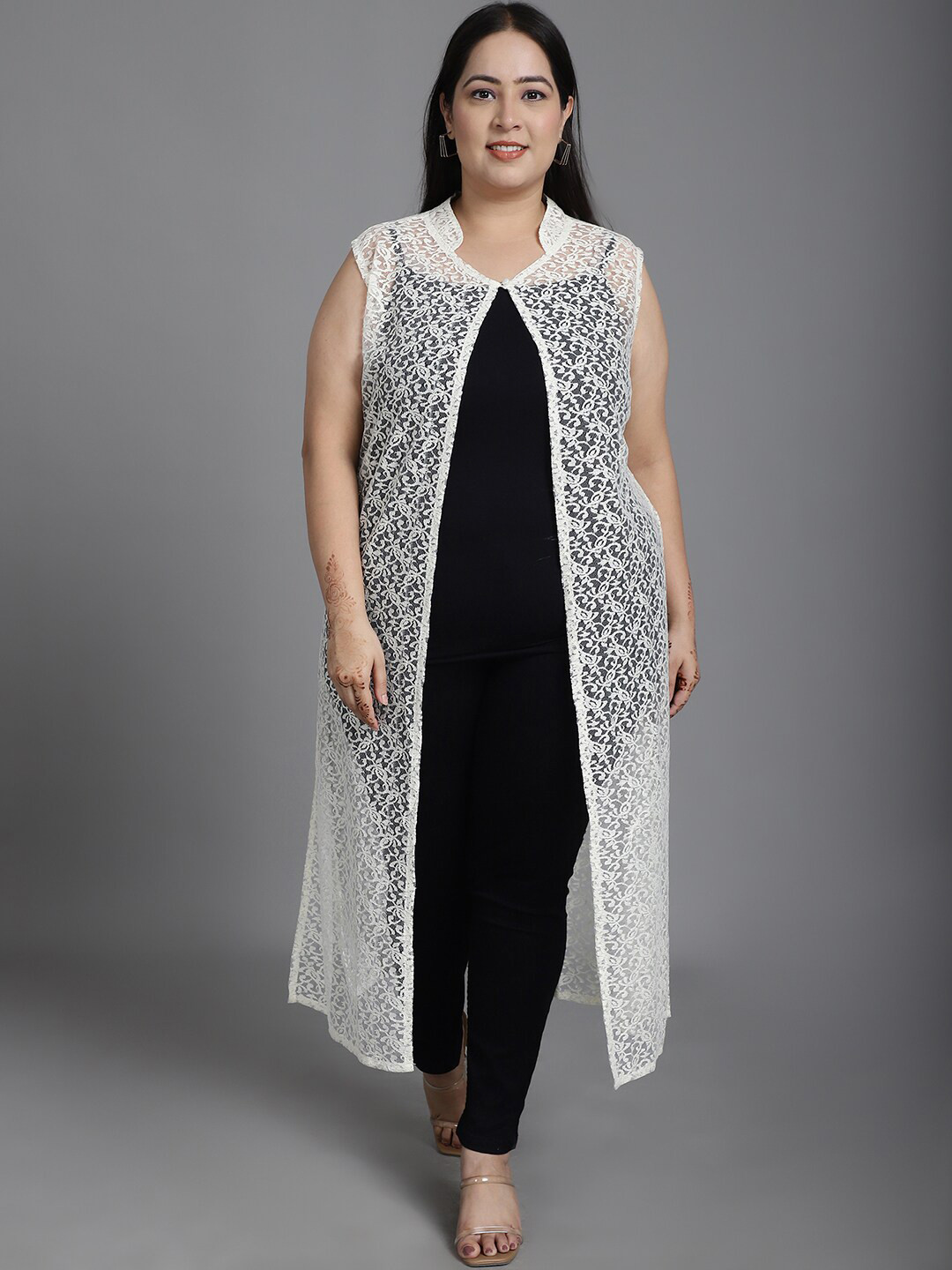 

urSense Plus Size Self Designed Longline Open Front Sheer Cotton Shrug, Off white