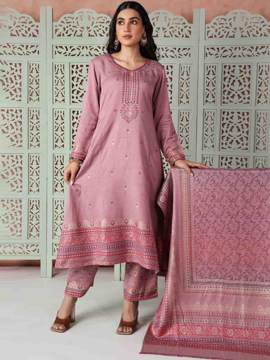 

KIDAR Ethnic Motifs Printed Unstitched Dress Material, Pink