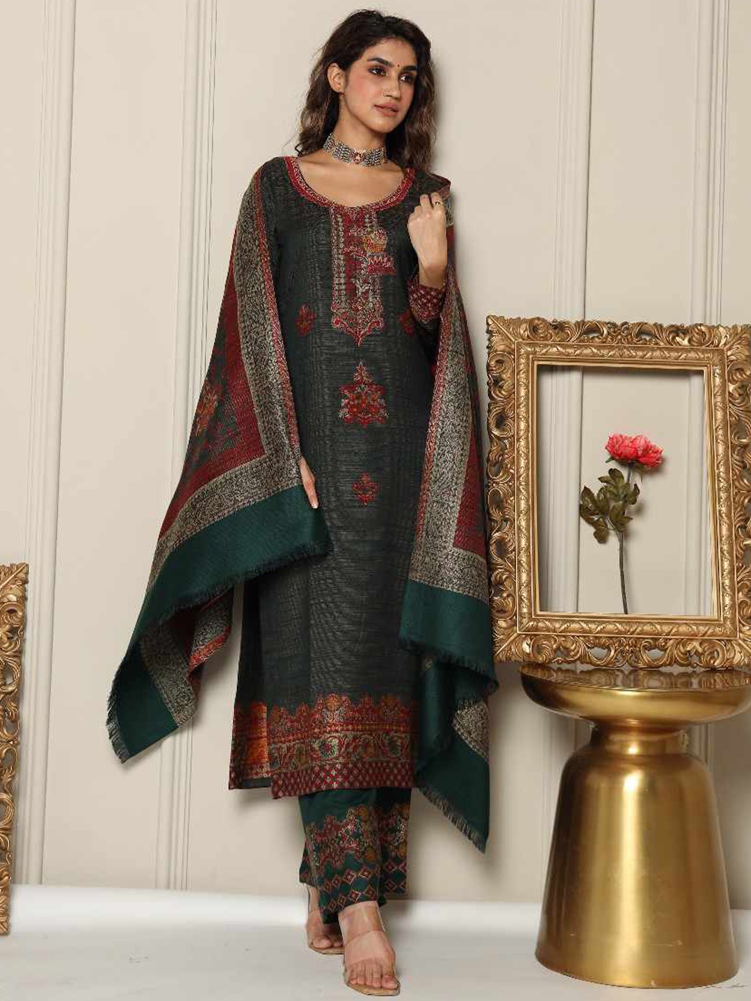 

KIDAR Ethnic Motifs Printed Unstitched Dress Material, Green