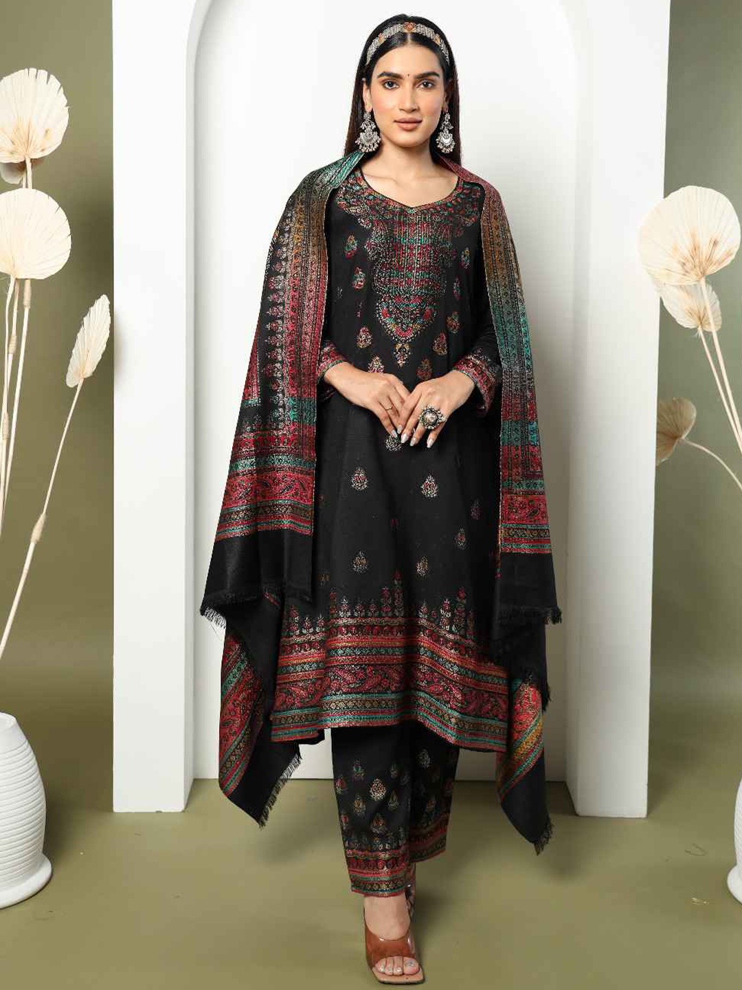 KIDAR Ethnic Motifs Printed Unstitched Dress Material, Black