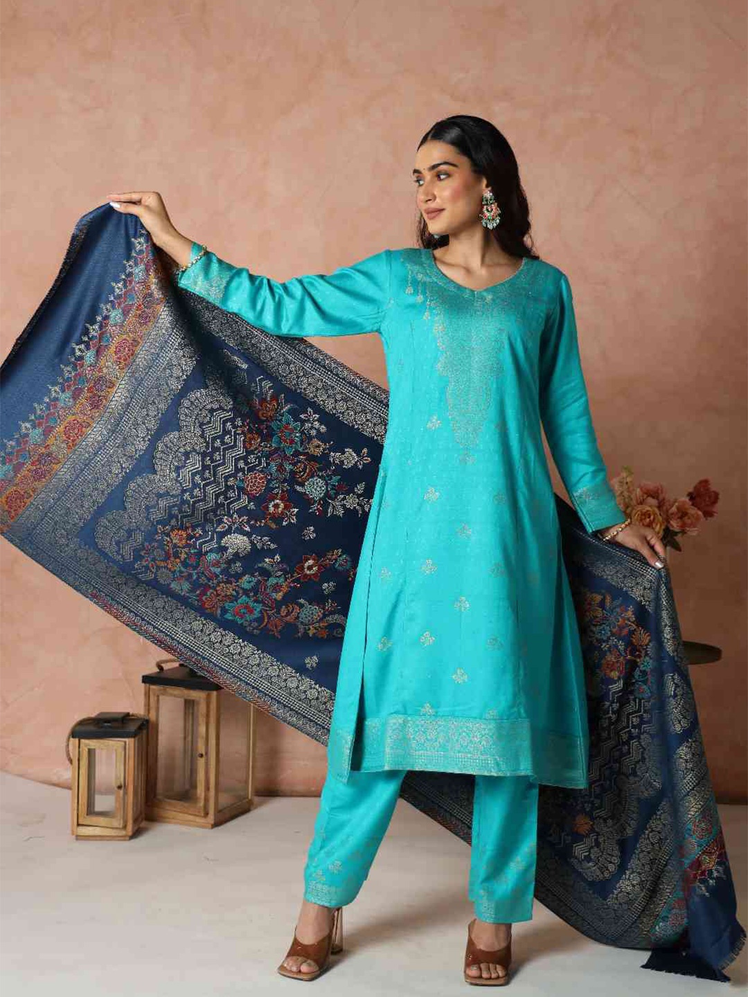 KIDAR Woven Design Unstitched Dress Material, Blue