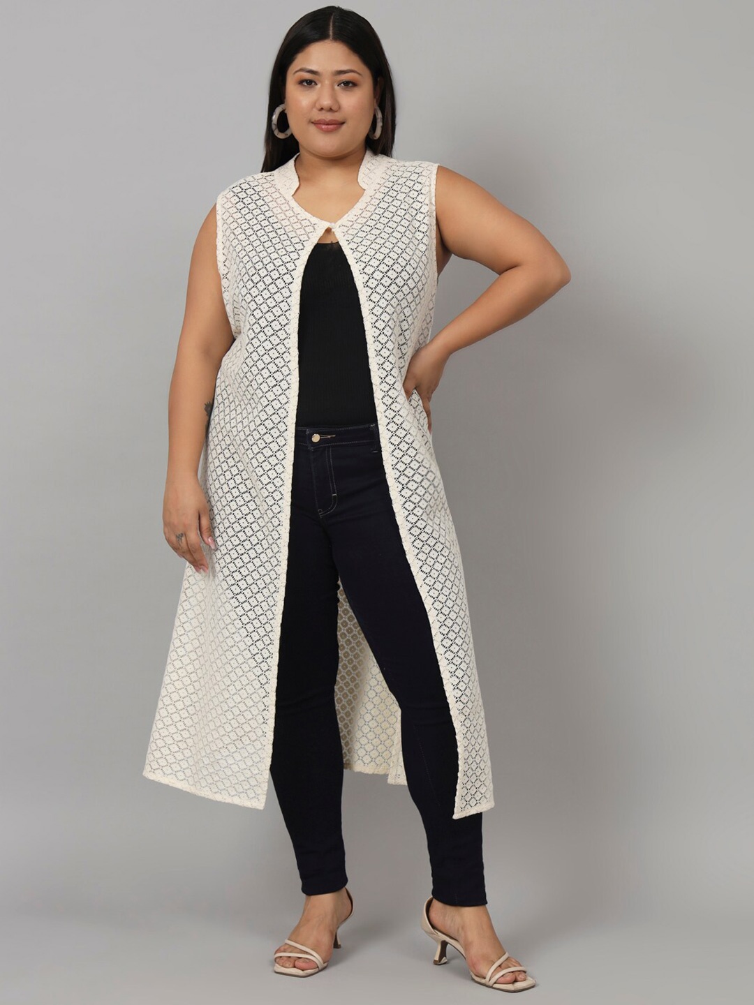 

urSense Self Designed Longline Open Front Sheer Cotton Shrug, Off white