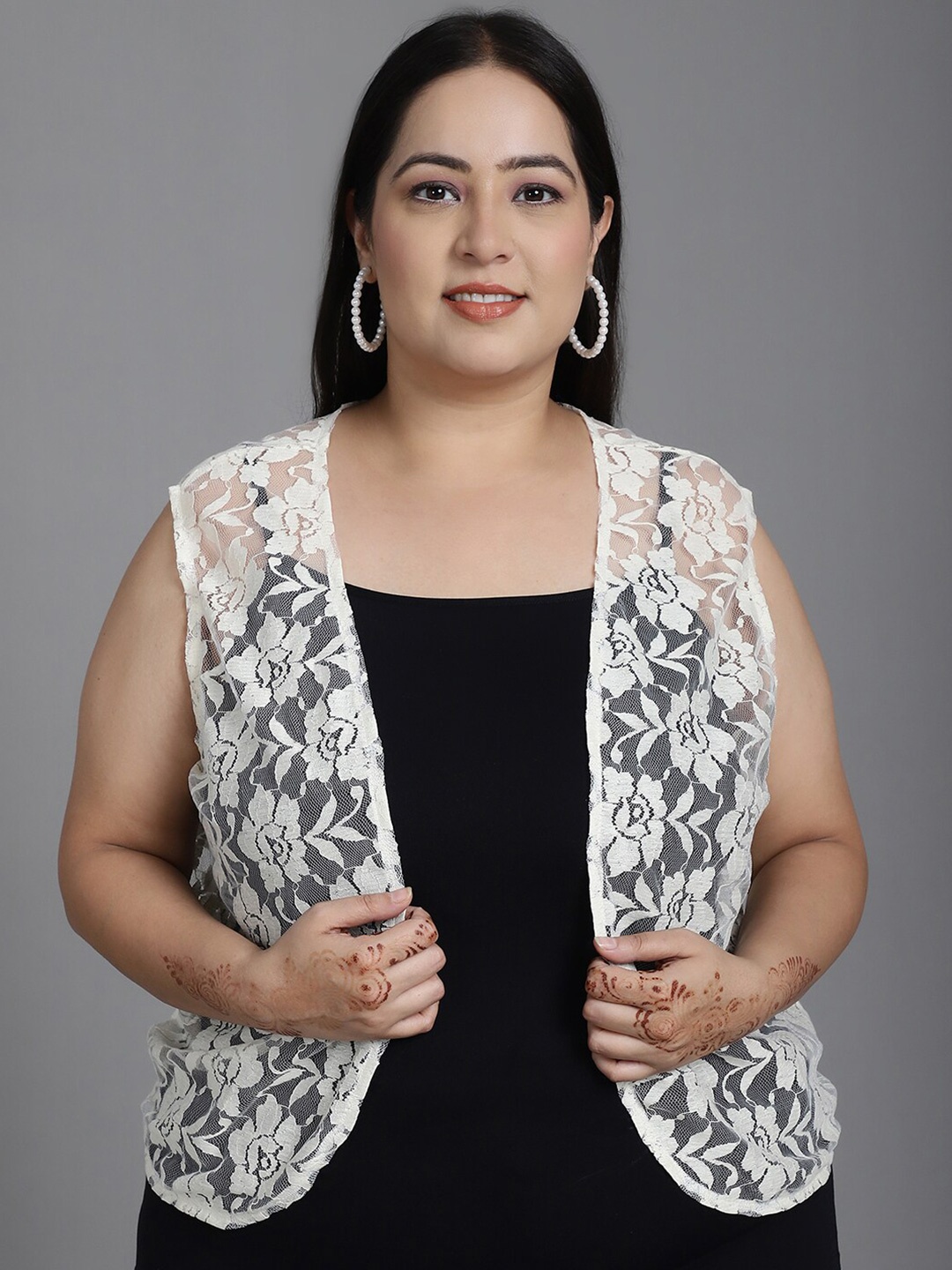 

urSense Plus Size Self Design Crop Sheer Open Front Shrug, Off white