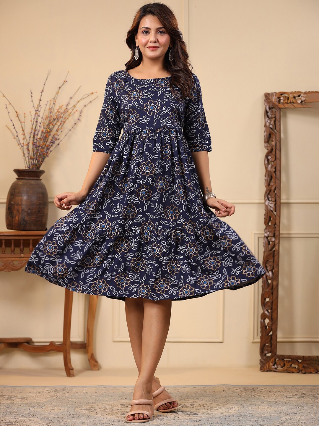 

SHOOLIN Black Ethnic Motifs Printed Fit and Flare Dress, Blue