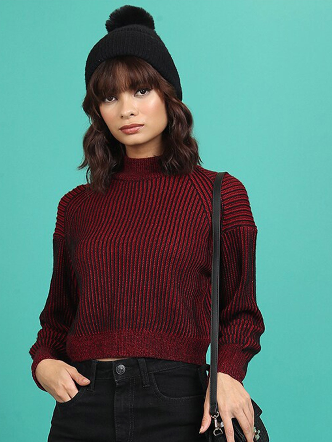 

Tokyo Talkies Striped High Neck Acrylic Pullover, Red