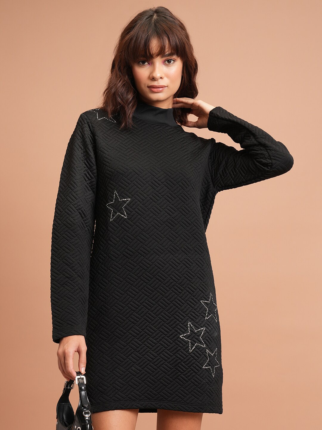 

Tokyo Talkies Black Self Design High Neck T-shirt Dress