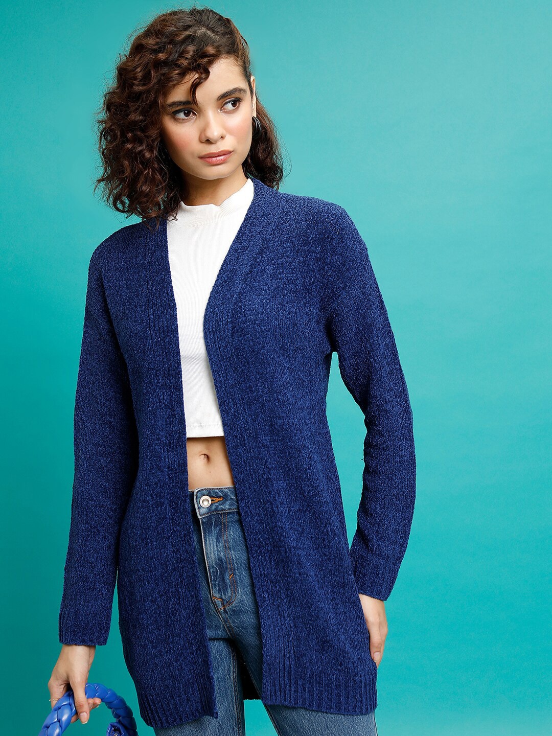 

Tokyo Talkies Navy Blue Shawl Collar Acrylic Longline Cardigan Sweater